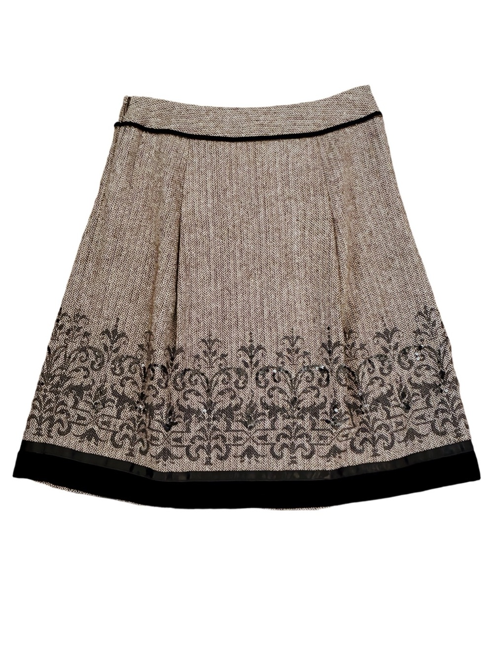 LOFT Herringbone Wool Skirt with Intricate Sequin Embroidery & Black Velvet Hem